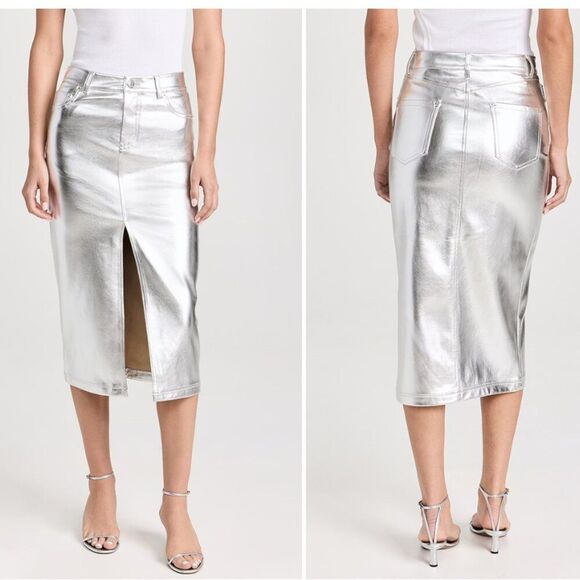 New Staud Oaklyn Faux Leather Midi Skirt in Silver Metallic size 12 - Picture 1 of 12
